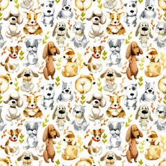 Watercolor cute animals. Seamless pattern. Cute puppies and dogs footprints , isolated on a white background. - 518756265