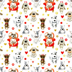 Watercolor cute animals. Seamless pattern. Cute puppies with angel wings and devil horns, and a poodle sitting on a chair, isolated on a white background - 518756266