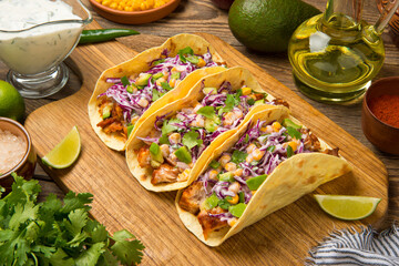 Fish tacos with avocado, purple cabbage, corn and lime on an old rustic wooden table. - 518756296