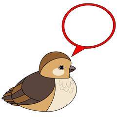 Line cute bird with speech bubble, coloring style isolated on white background, vector sign.