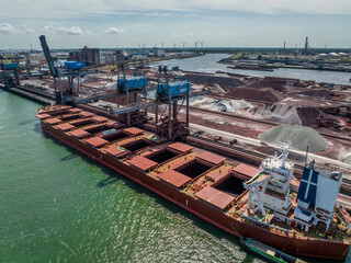 Bulk Carrier Ship Offloading Cargo By Crane for Processing