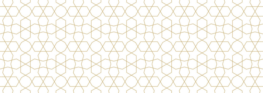 Abstract Geometric Vector Seamless Pattern With Gold Line Texture On White Background. Islamic Interlace Art. Patterns Added To The Swatches Panel.