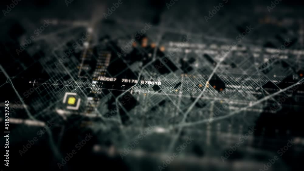 Fototapete Futuristic motion graphic user interface head up display screen with digital data city map telemetry information display for digital background computer desktop display screen
