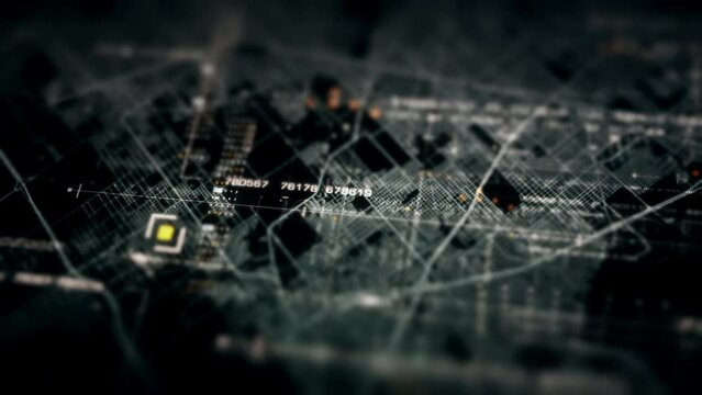 Futuristic motion graphic user interface head up display screen with digital data city map telemetry information display for digital background computer desktop display screen
