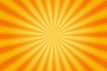Sun rays retro vintage style on yellow and orange background, Comic pattern with starburst and halftone. Cartoon retro sunburst effect with dots. Rays. Summer banner vector illustration.