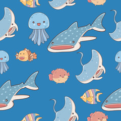 fish and wild marine animals seamless wallpaper on blue background. Inhabitants of the sea world, cute, funny underwater creatures