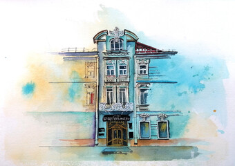 Watercolor painting of retro romantic restaurant, cafe in a small Italian town. Vintage Italy