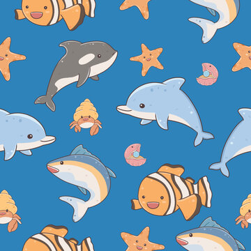 fish and wild marine animals seamless wallpaper on blue background. Inhabitants of the sea world, cute, funny underwater creatures