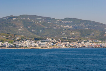 Fototapeta premium Beautiful view of the island of Tinos from the deck of a ferry boat in Sporades, Greece