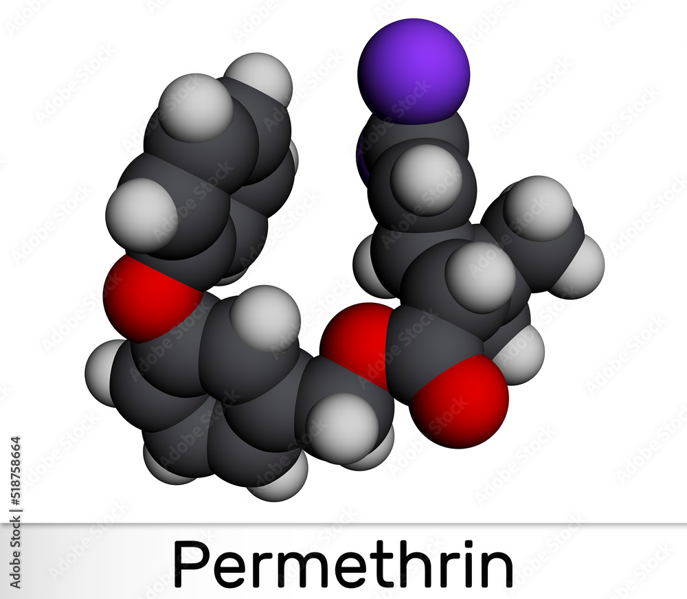 Poster Permethrin molecule. It is insecticide and medication, used in treatment of lice infestations and scabies. Molecular model. 3D rendering