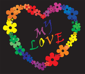 Vector LGBT pattern for a heart-shaped T-shirt made of flowers
with pride elements. LGBT symbol in rainbow colors.