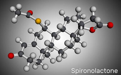 Spironolactone molecule. It is aldosterone receptor antagonist used for the treatment of hypertension, hyperaldosteronism, edema. Molecular model. 3D rendering