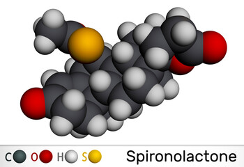 Spironolactone molecule. It is aldosterone receptor antagonist used for the treatment of hypertension, hyperaldosteronism, edema. Molecular model. 3D rendering