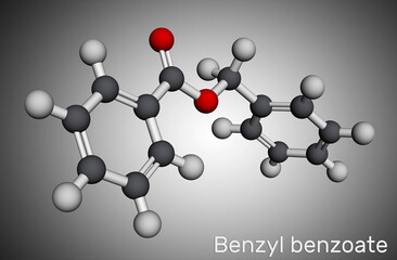 Benzyl benzoate molecule. It is topical treatment for scabies and lice. Molecular model. 3D rendering.