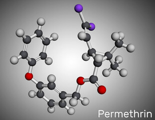 Permethrin molecule. It is insecticide and medication, used in treatment of lice infestations and scabies. Molecular model. 3D rendering