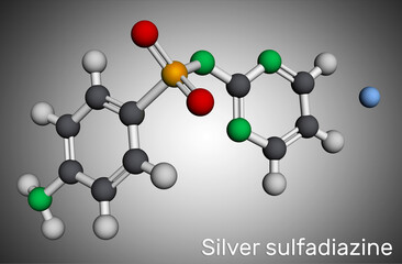 Silver sulfadiazine molecule. It is sulfonamide antibiotic,  used for the treatment of burns. Molecular model. 3D rendering