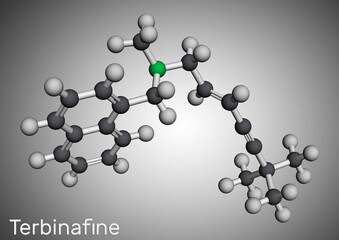Terbinafine molecule. It is allylamine antifungal used to treat dermatophyte infections of toenails and fingernails. Molecular model. 3D rendering