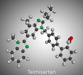 Telmisartan molecule. It is medication used to treat high blood pressure, heart failure. Molecular model. 3D rendering