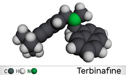 Terbinafine molecule. It is allylamine antifungal used to treat dermatophyte infections of toenails and fingernails. Molecular model. 3D rendering