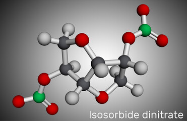 Obraz premium Isosorbide dinitrate, ISDN molecule. It is vasodilator used to treat angina in coronary artery disease. Molecular model. 3D rendering.