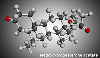 Medroxyprogesterone acetate, MPA, depot medroxyprogesterone acetate, DMPA molecule. It is progestin hormone drug, contraceptive. Molecular model. 3D rendering
