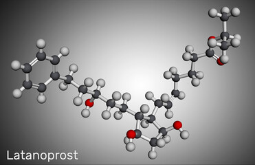 Latanoprost molecule. It is isopropyl ester prodrug used to treat increased intraocular pressure. Molecular model. 3D rendering