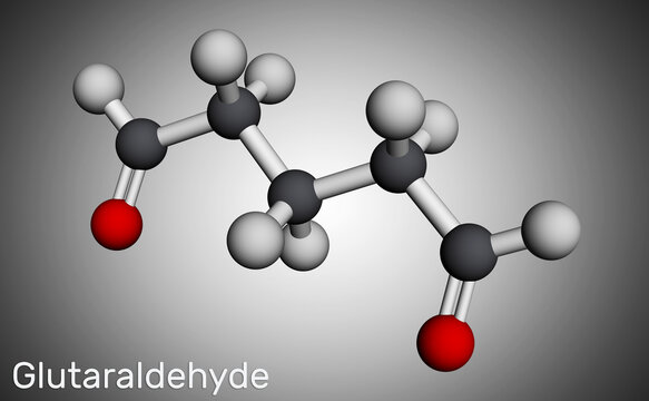 Glutaraldehyde, glutaral molecule. It is is used for industrial, laboratory, agricultural, disinfection of medical devices. Molecular model. 3D rendering