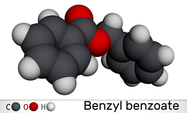 Benzyl benzoate molecule. It is topical treatment for scabies and lice. Molecular model. 3D rendering