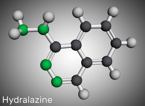 Hydralazine molecule. It is hypertension drug, used to treat high blood pressure, heart failure. Molecular model. 3D rendering