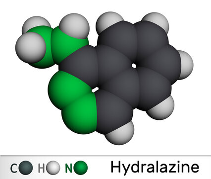 Hydralazine molecule. It is hypertension drug, used to treat high blood pressure, heart failure. Molecular model. 3D rendering