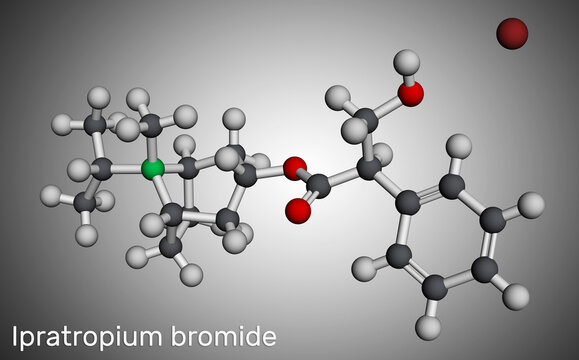 Ipratropium bromide molecule. It is bronchodilator, antispasmodic, anticholinergic drug. Molecular model. 3D rendering