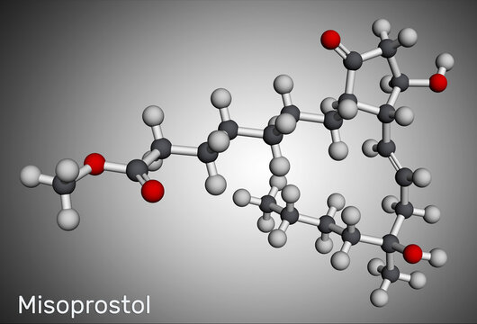 Misoprostol molecule. It is prostaglandin E1 analogue, used to treat stomach, duodenal ulcers, induce labor, cause an abortion. Molecular model. 3D rendering