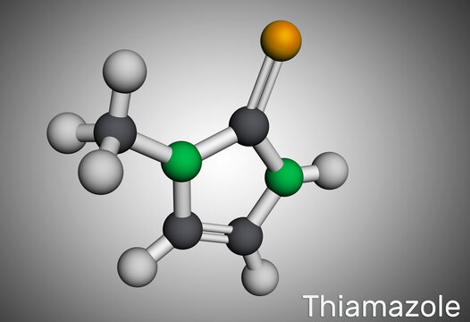Thiamazole, methimazole molecule. It is hyperthyroidism drug. Molecular model. 3D rendering.