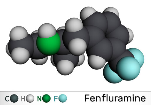 Fenfluramine drug molecule. It is phenethylamine, used as an appetite suppressant. Molecular model. 3D rendering