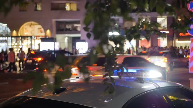 the switched on flasher of red blue color on the patrol police car at night in the city controls the observance of order and rules while patrolling the street. Police crew