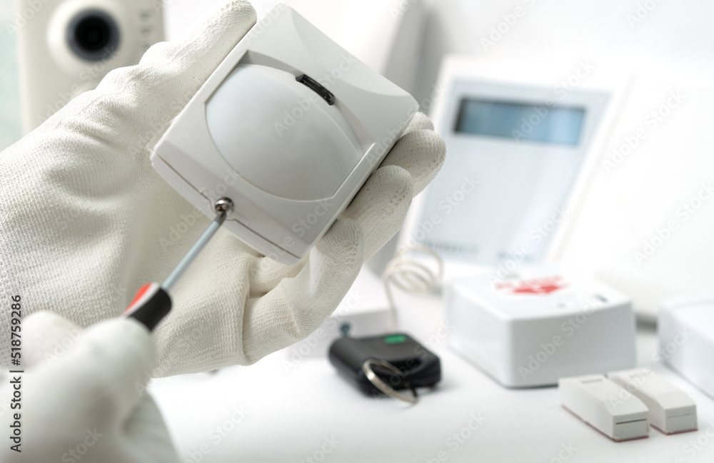 Poster adjusting motion sensor security systems on white background.