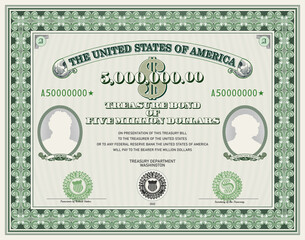 Vector fictitious blank of US Treasury bond with a face value of five million dollars. Vintage guilloche frame with seals, symbols, ovals with silhouettes. Thomas and Martin Van Buren