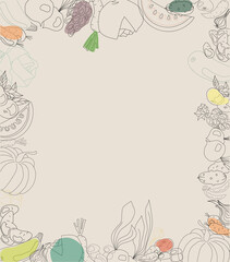 Fototapeta na wymiar Healthy food banner design with hand drawn vegetables and fruits Organic food frame template