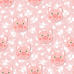 Vector flat animals colorful illustration for kids. Seamless pattern with cute pig face on color background. Adorable cartoon character. Design for textures, card, poster, fabric, textile