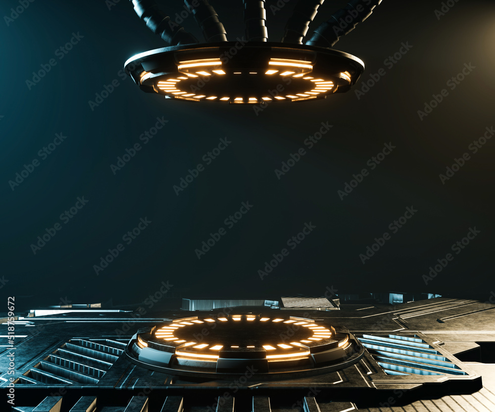 Poster 3d rendering sci-fi empty podium with yellow neon light for product display.
