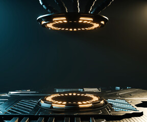 3d rendering sci-fi empty podium with yellow neon light for product display. © pprothien