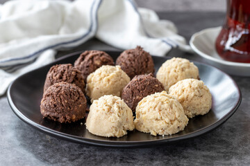 Sweet cookies. Delicious snack cookies on dark background. Bakery products. side view. Close-up.
