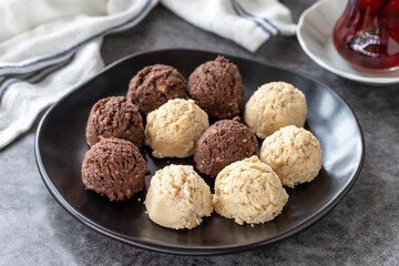 Sweet cookies. Delicious snack cookies on dark background. Bakery products. side view. Close-up.