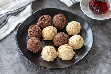 Sweet cookies. Delicious snack cookies on dark background. Bakery products. side view. Close-up.