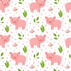 Cute seamless pattern with funny little pigs