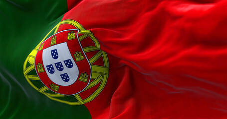 Close-up view of Portugal national flag waving in the wind