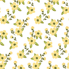 Seamless floral pattern in rustic style. Cute ditsy print, romantic botanical background with small yellow flowers, leaves on white surface. Vector illustration.