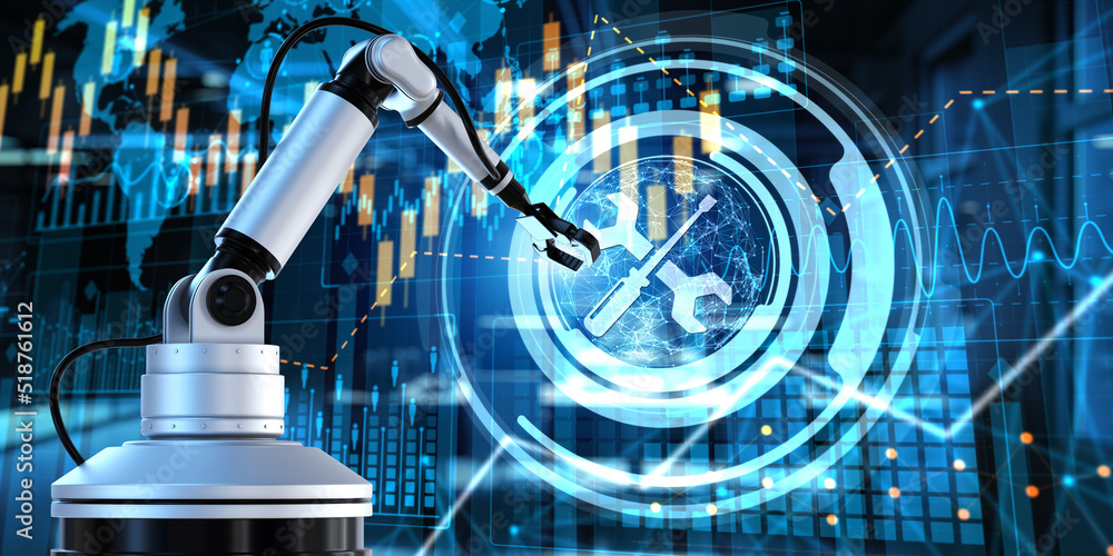 Poster technical support service automation. business industrial technology concept. cobot 3d render.