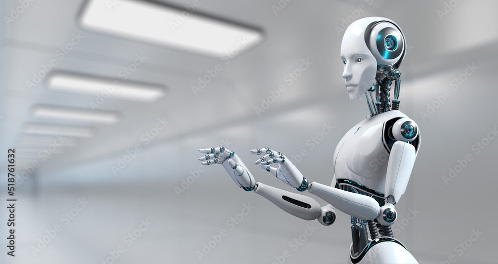 Poster robot cyborg 3d render innovation technology robotisation.