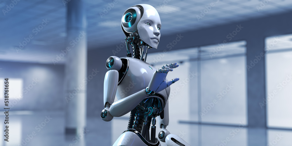 Poster robot cyborg 3d render on blurred background. innovation technology robotisation.